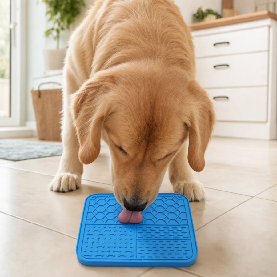 A LickJoy lick mat spread with food during an at-home testing session
