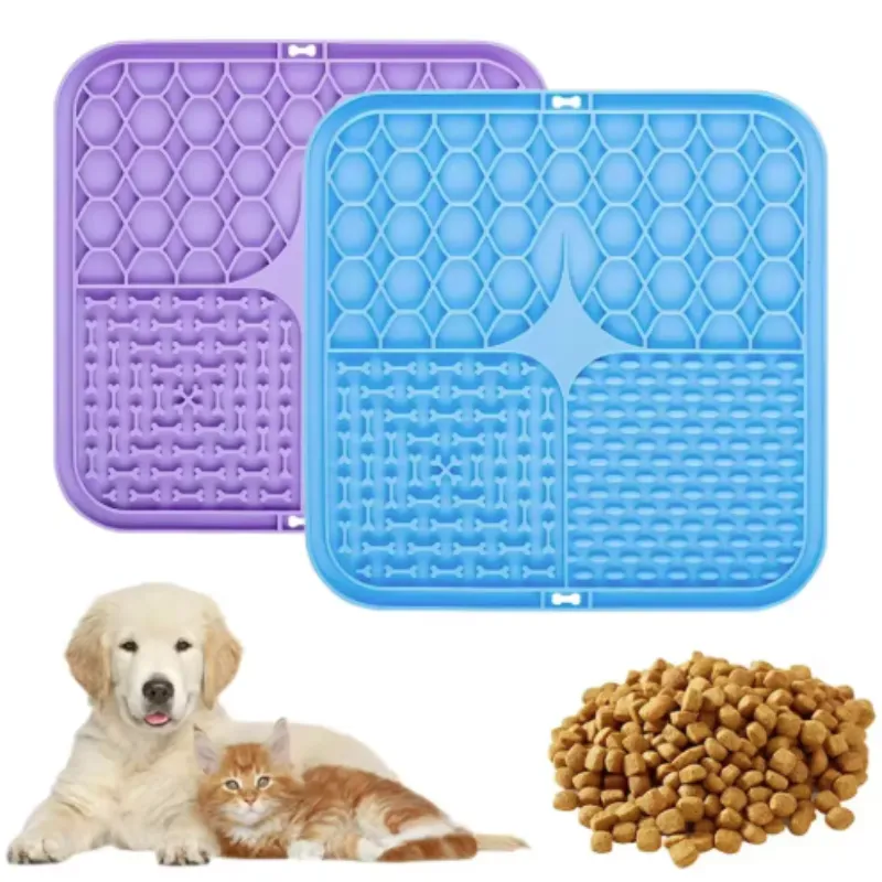 LickJoy Mat in two colors shown with a dog and a cat